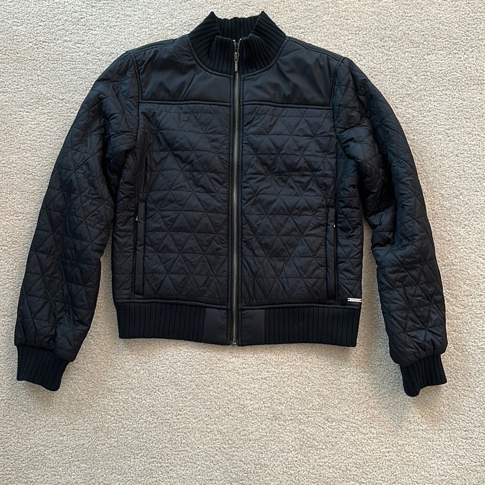 Black fleece lined PrAna bomber jacket.  Slim fit, side zip pockets.